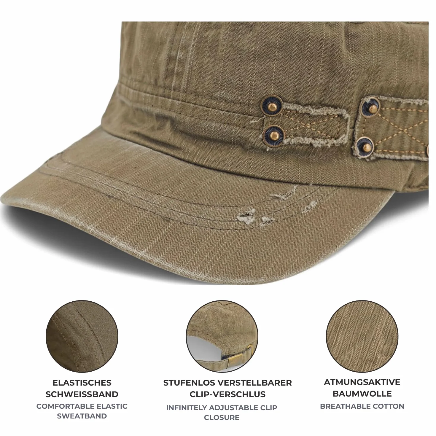 styleBREAKER Unisex Military Cap im Destroyed Vintage Look | verstellbares Army Cap aus Baumwolle | Used Look Schirmmütze für Herren und Damen