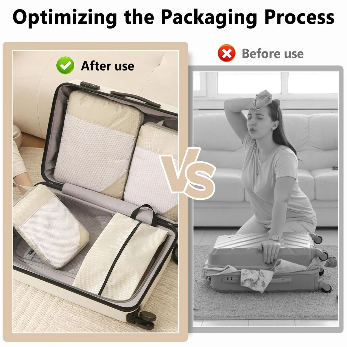 8 Teilige Compression Packing Cubes Set,Kleidertaschen,Schuhtaschen,Koffer Organizer Set,Organizer Packing Cubes Compression,für Koffer,Backpack,Reise organizers,Ordnungssystem für Koffers-Beige