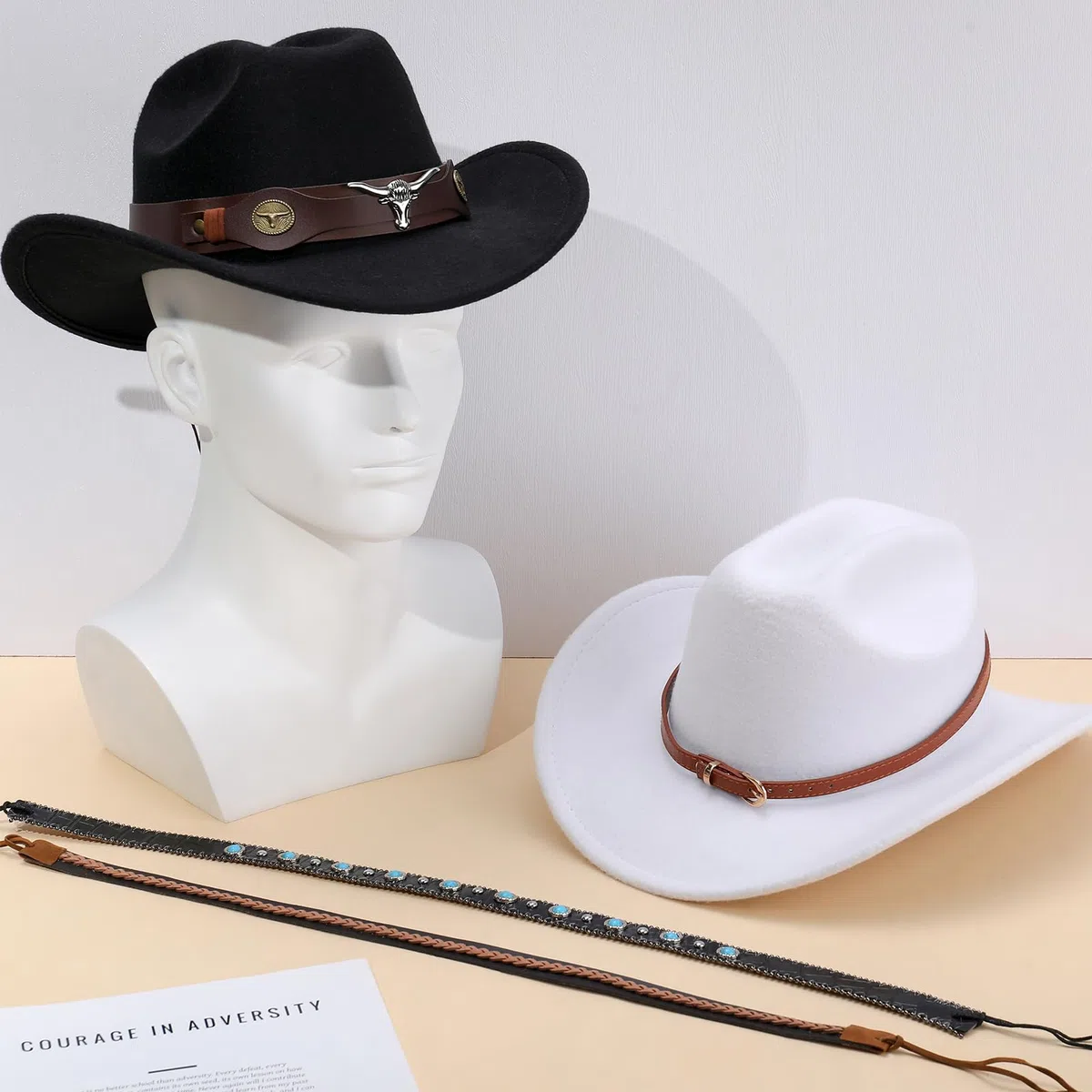 2 Stück Cowboyhut Damen Herren Westernhut mit 4 Stück Lederhutband,Fedora Hut Breiter Krempe Cowboyhüte Stilvoll,Schwarz und Weiß