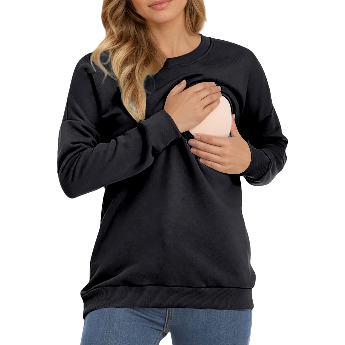 Generisch Damen Umstands- und Still-Sweatshirt - Langarm Pullover mit horizontalem Reißverschluss | Bequeme Umstandsmode mit Stillfunktion