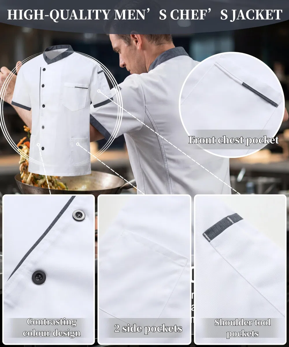 Kochjacke Kurzarm für Herren Bauwolle Kochbekleidung Professional Kochjacke mit Tasche Chef Uniform Bäckerjacke Unisex mit Knöpfe