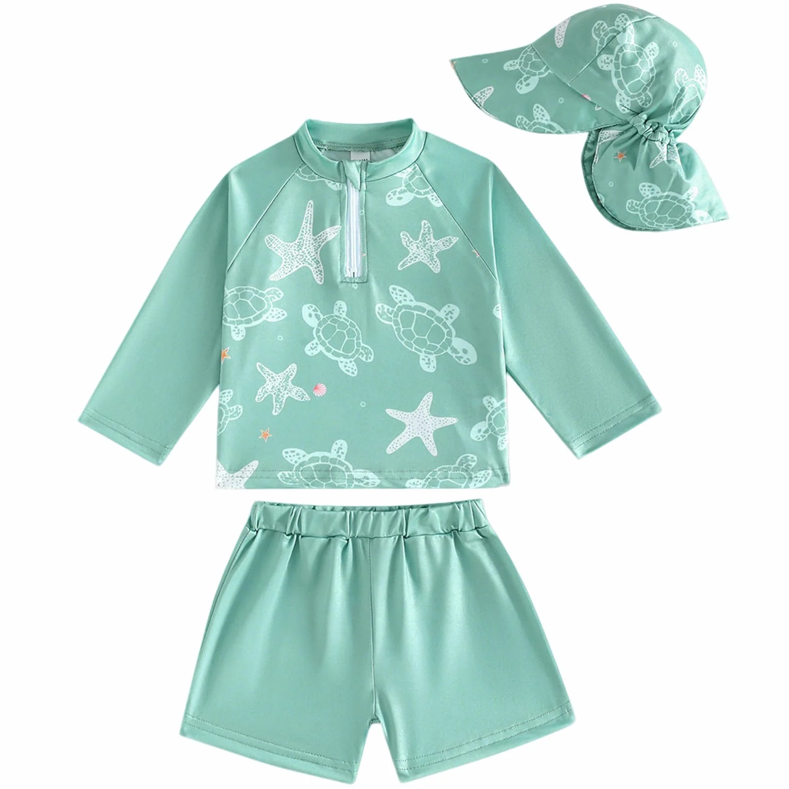 Baby Jungen Badebekleidung Set 2 Teilig mit Hut, Langarm Shirt und Badehose Kinder, Schnell trocknend, Elastisch für Strand Pool Urlaub