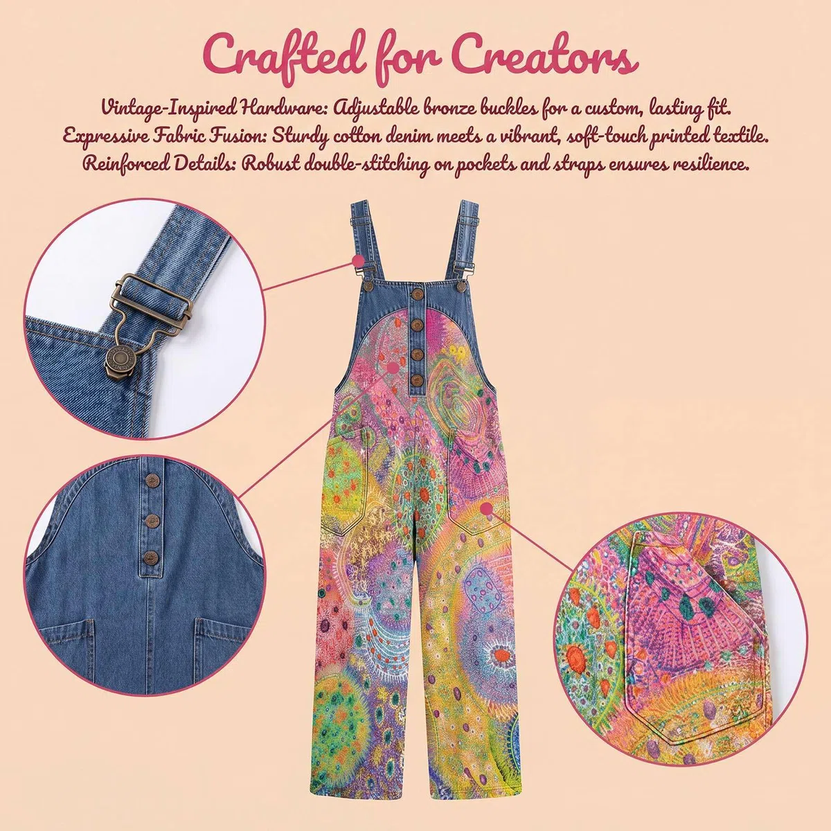 Jeans Latzhosen für Damen Bunte Jumpsuits Patchwork Muster Floral Oversize Hosen Romper Lässiger Bauch Kaschieren Streetwear Y2K Mode Denim Style Leichte Atmungsaktive Freizeithose