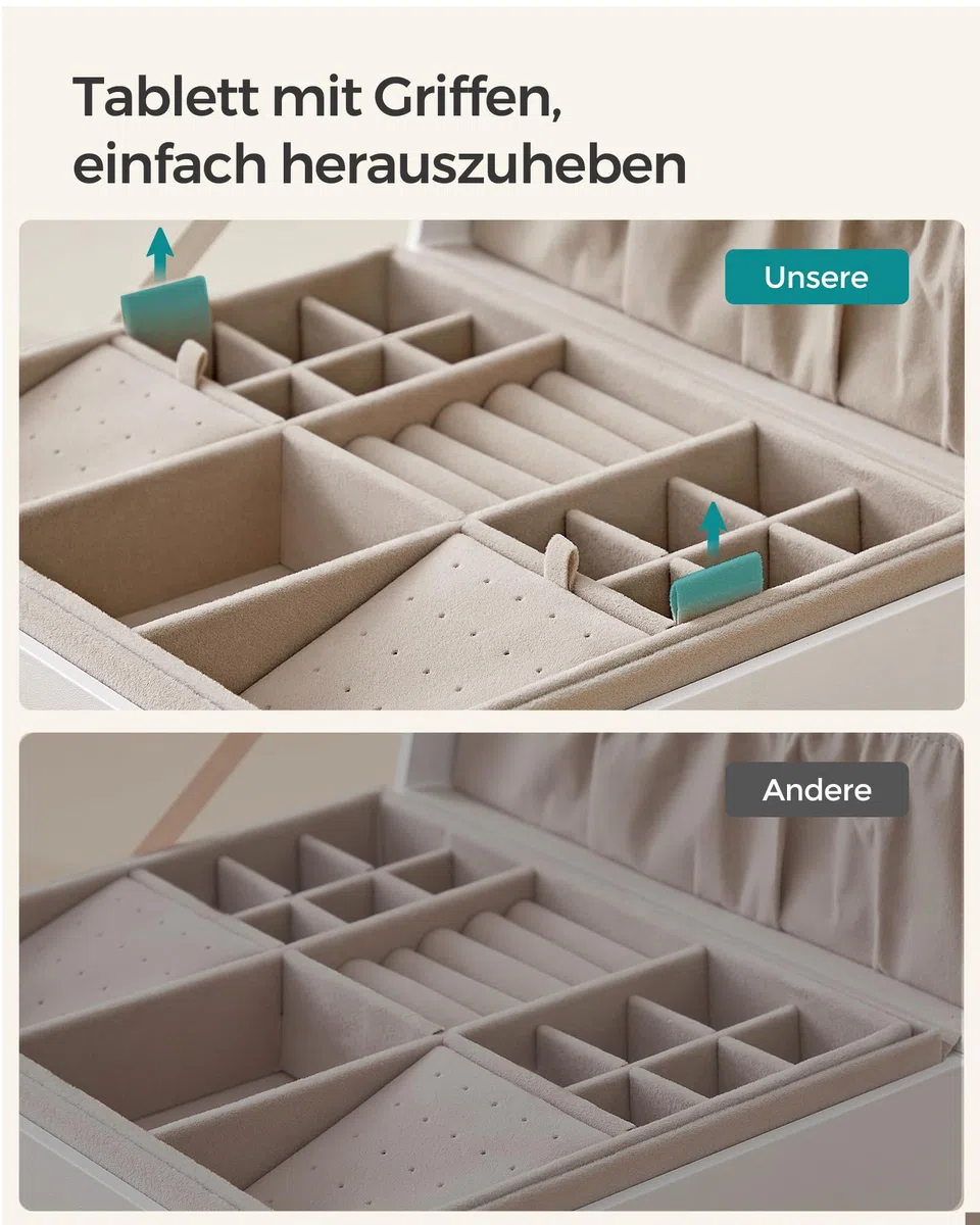 SONGMICS Schmuckkästchen 2 Ebenen, Schmuckkasten mit Griff, flexibles Schmucktablett, Schmuckbox, Schmuckaufbewahrung, schwebender Effekt, 20,5 x 24 x 11 cm, Geschenkidee, weiß JBC165W01