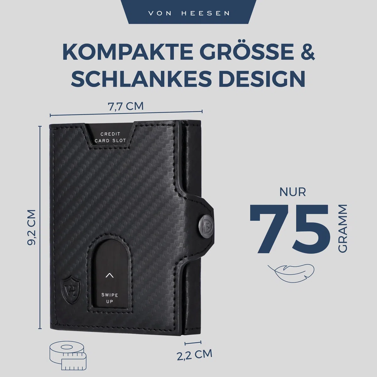 VON HEESEN Slim Wallet mit Münzfach & RFID Schutz Geldbörse Herren Damen Kartenetui Mini Portmonee Carbon-Schwarz