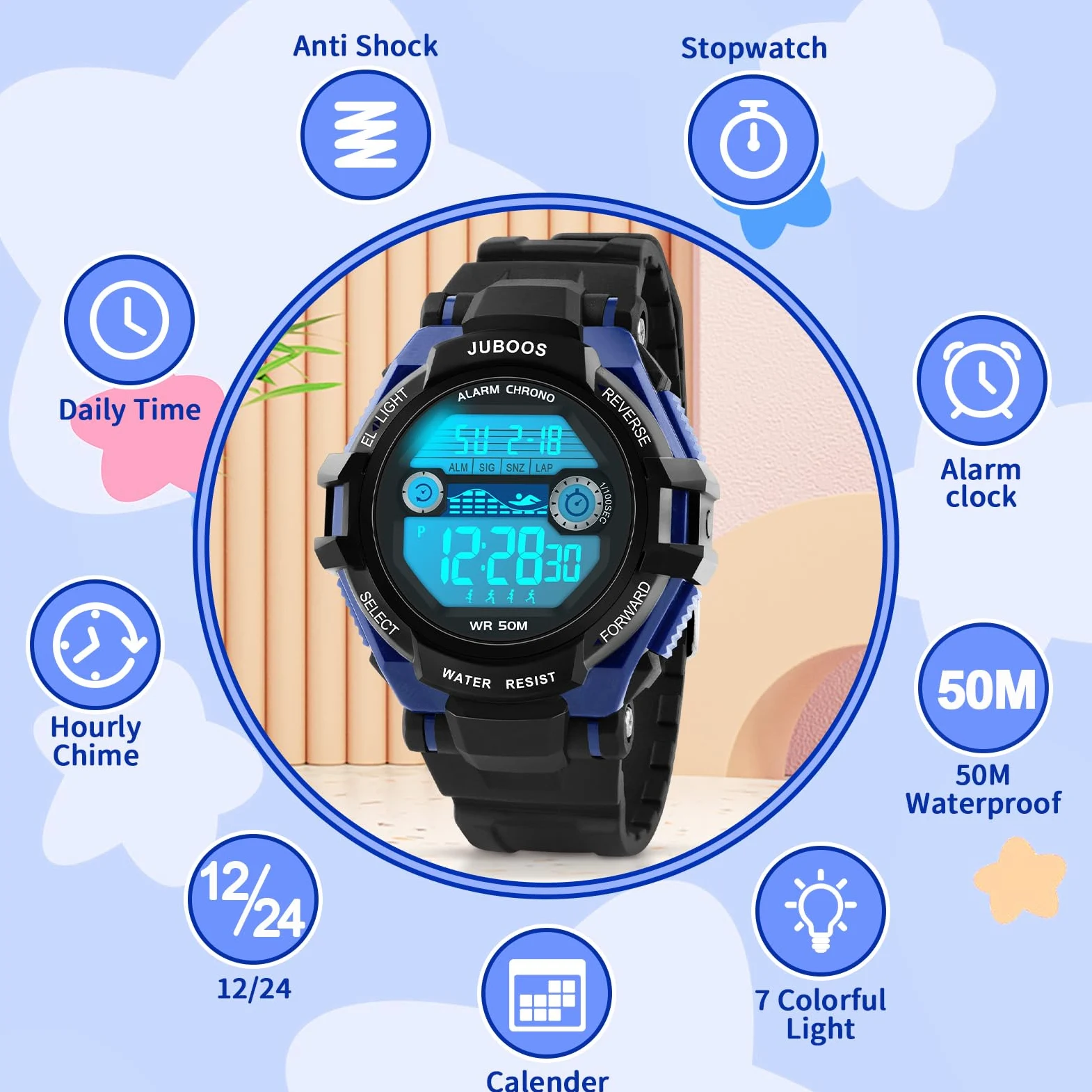 Juboos Kinder Digitaluhren Jungen Mädchen,7 Farben LED-Licht,30M Wasserdicht, mit Alarm,Stoppuhr Outdoor Armbanduhr für Kinder 5-16 Jahre