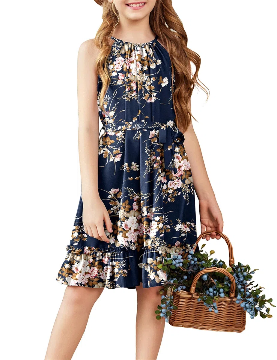 Arshiner Kleider Mädchen Sommer Ärmellos Neckholder Kleid A-Linie Casual Partykleider Midi Rüschensaum Kinderkleid Swing Abendkleid Kinder Festliche Kleider mit Gürtel 6-14 Jahre