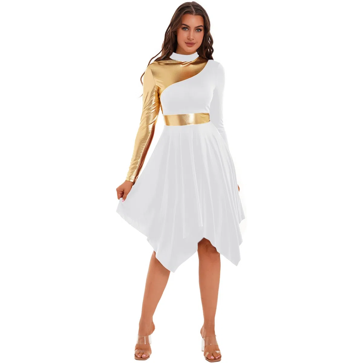 inlzdz Tanzkleid Damen Eiskunstlauf-Kleid Langarm Asymmetrischer Saum Kleider Ballettkleid Ballettkleidung Turnanzug Tanzkostüm für Abschlussball