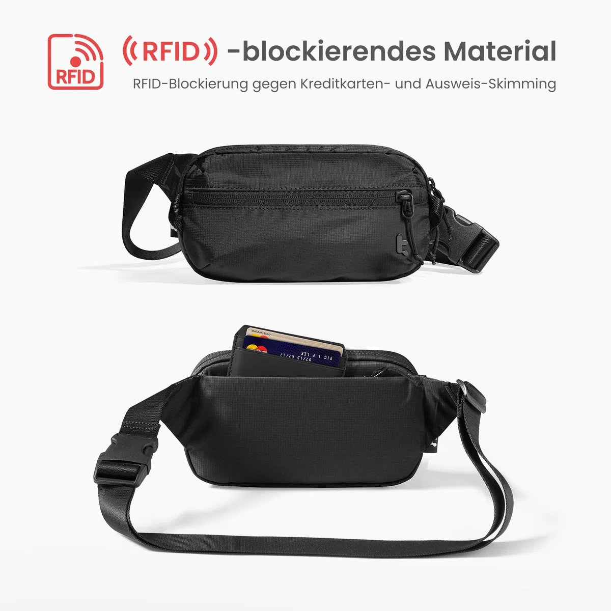 tomtoc 1,5 Liter Sling Bag mit RFID Schutz, Anti Diebstahl Bauchtasche Umhängetasche Schultertasche Crossbody Bag für Herren Damen, Spritzwassergeschützt Leicht Brusttasche für Alltag Reise, Schwarz