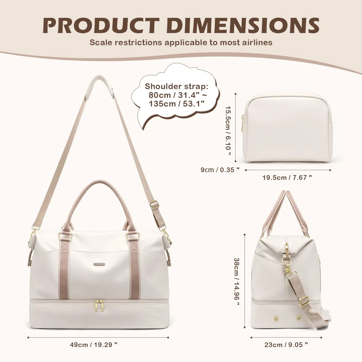 46L Reisetasche Damen, Groß Weekender Handgepäck Tasche mit Kosmetiktasche, Schuhfach & Nassfach, Kliniktasche, Trainingstasche, Sporttasche, für Flugzeug Reisen (Cremefarben)