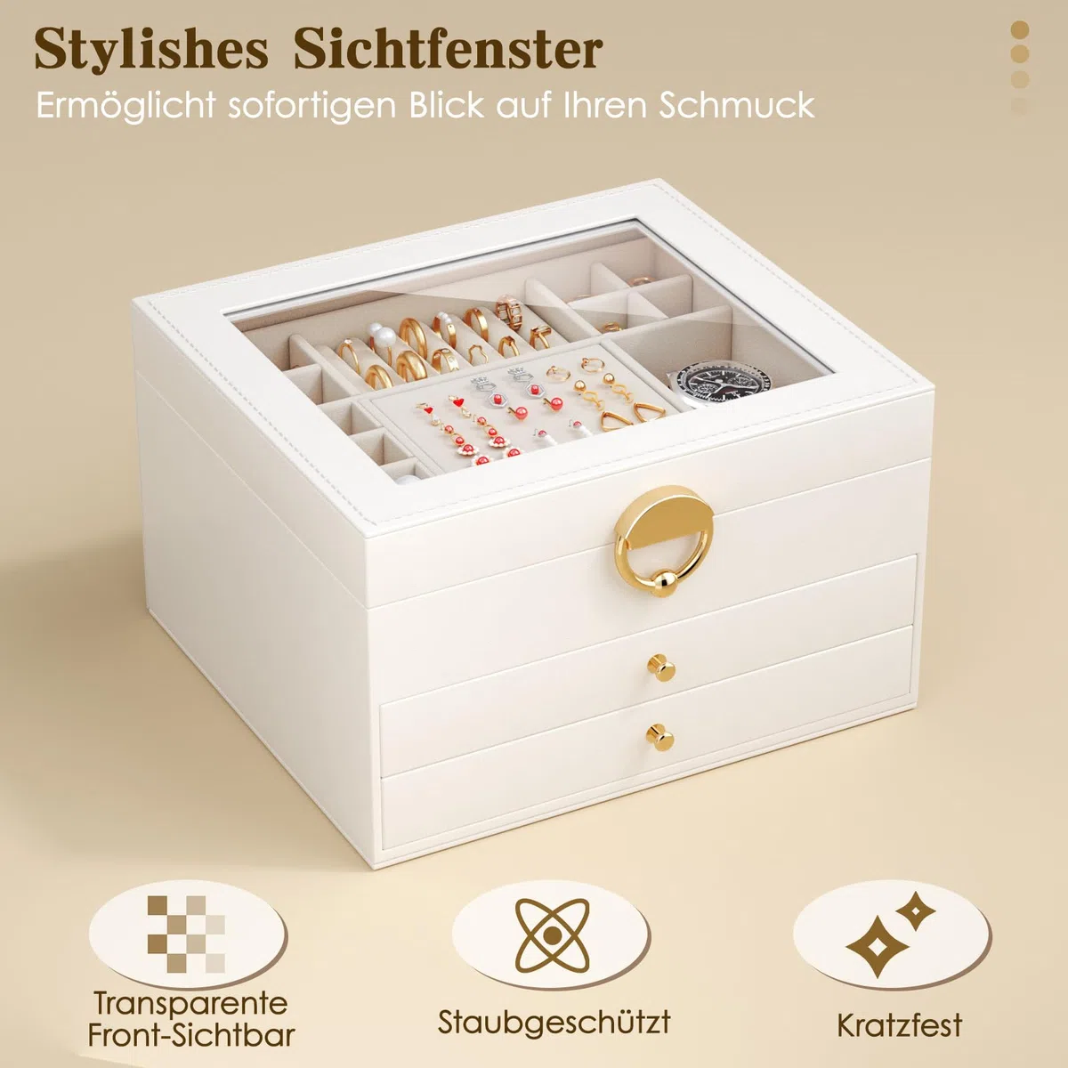 3-Stöckiger Schmuckkästchen Groß Schmuckorganizer mit transparentem Deckel für Schmuckstücke, Ketten & Armbänder, stabile Schmuckaufbewahrung mit Samtfutter (Mattweiß)