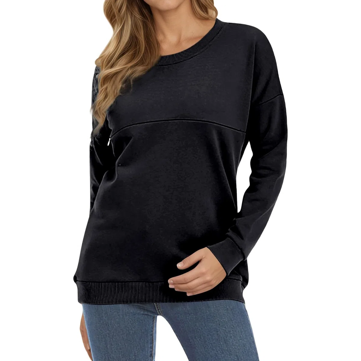 Generisch Damen Umstands- und Still-Sweatshirt - Langarm Pullover mit horizontalem Reißverschluss | Bequeme Umstandsmode mit Stillfunktion