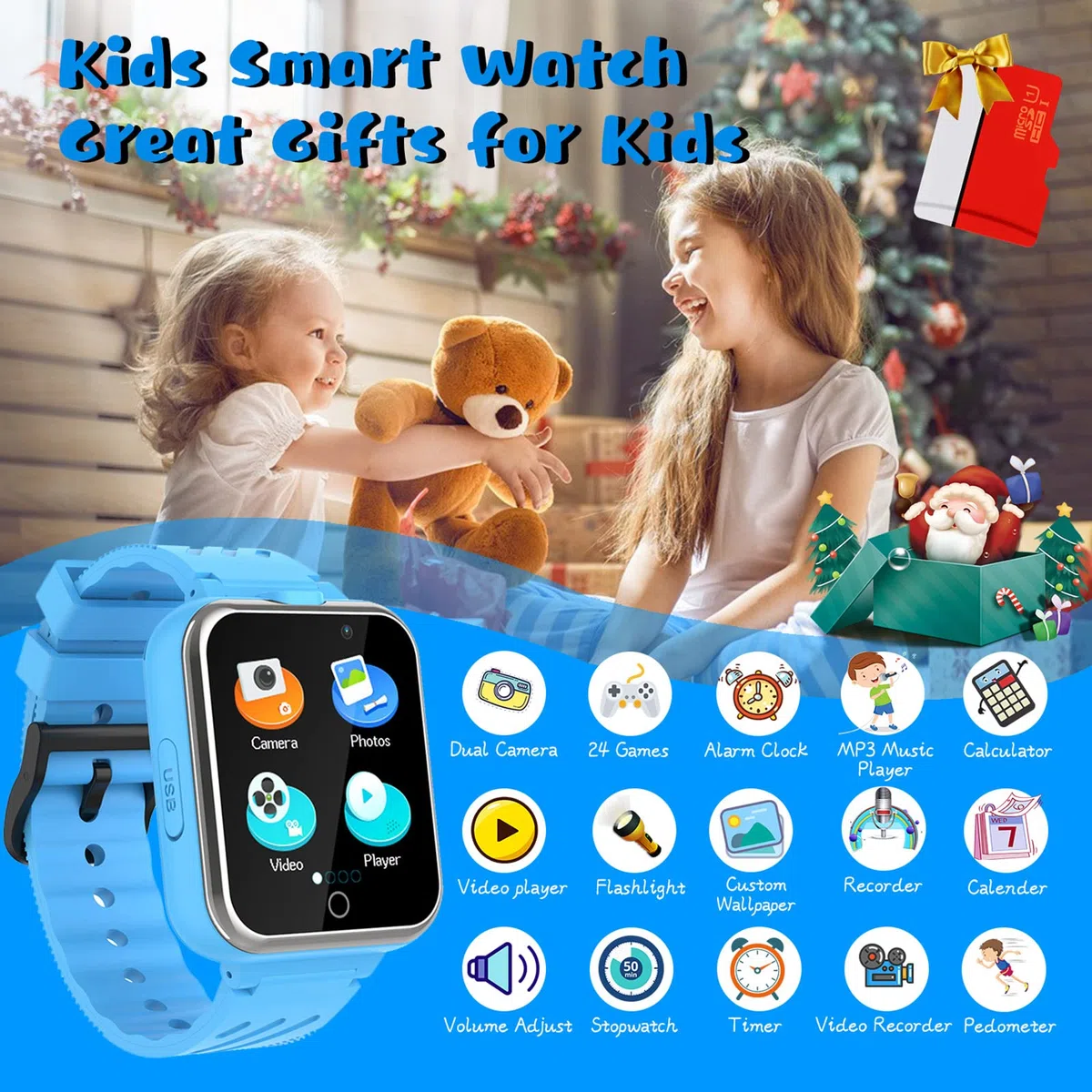 Smart Watch für Kinder, 24 Spiele, Schrittzähler, 2 HD-Kameras, modische Smartwatches für Kinder von 3 bis 14 Jahren, tolle Geschenke für Mädchen und Jungen (blau)…