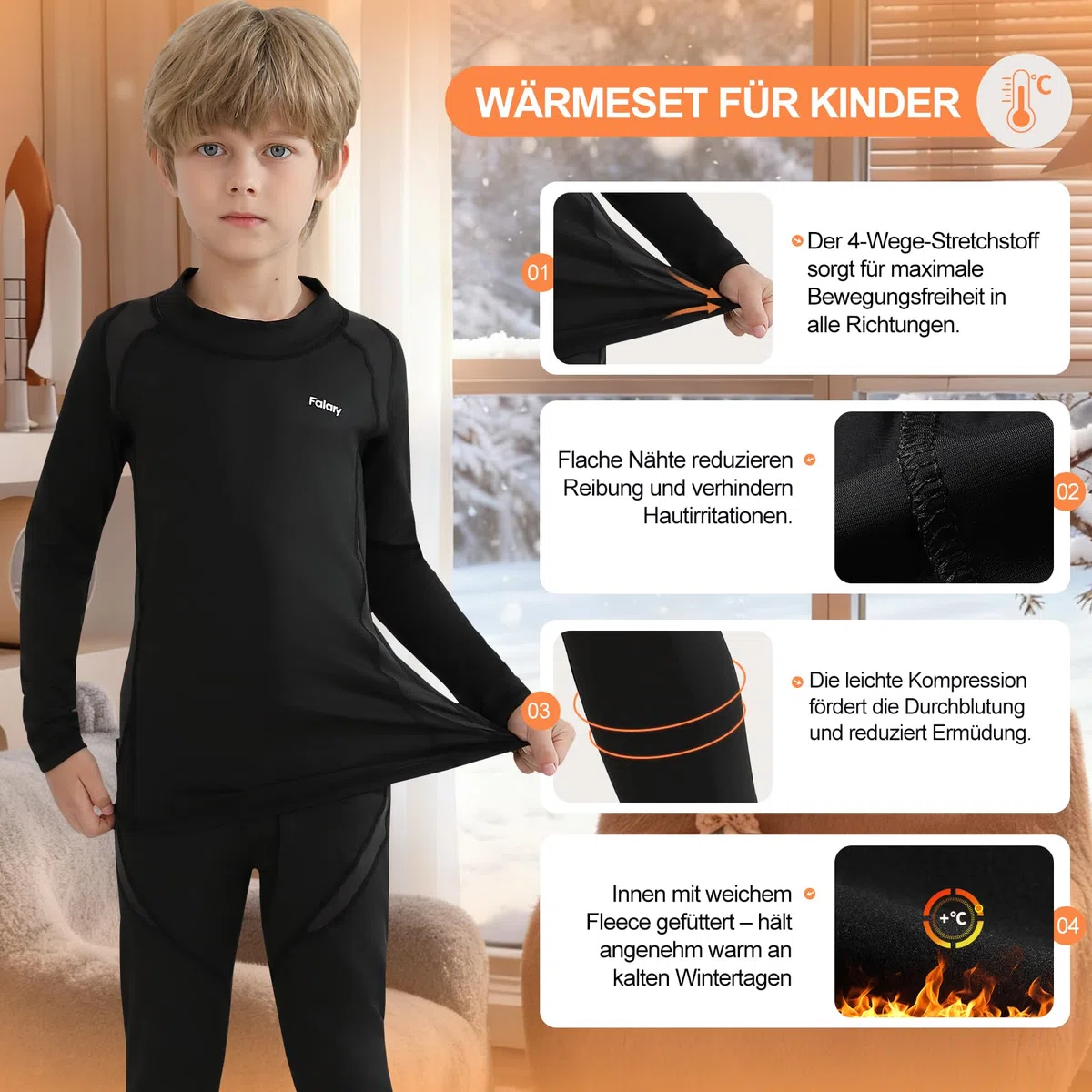 FALARY Kinder Thermounterwäsche Set Jungen & Mädchen, Skiunterwäsche Winter Funktionsunterwäsche, Thermo Unterwäsche Atmungsaktiv Thermohose Thermounterhemd Warm Weich