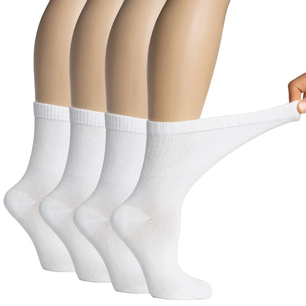 Hugh Ugoli Damen Bambus Diabetiker Crew Socken [4 Paar] | Superweiche, Dünne & Atmungsaktiv Socken, Breit & Locker für Geschwollene Knöchel | Nicht Bindende & Nahtlos | Schuhgröße: 36–39/39–43