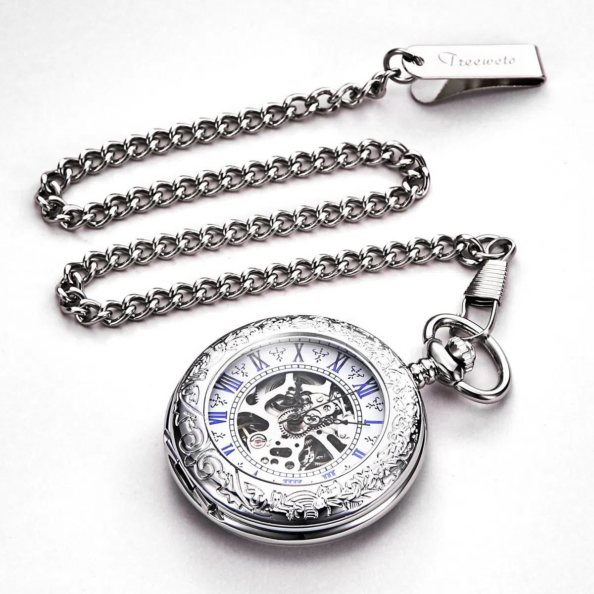 TREEWETO Taschenuhr mit Kette Herren Analog Handaufzug Antik Skelett Lupe Silber