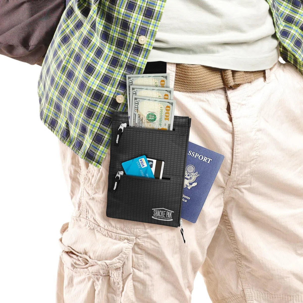 Shacke Versteckte Reise-2-in-1-Gürteltasche, schwarz, Hybrid-Geldbörse mit RFID-Blocker – Brustbeutel, Reisepasshülle
