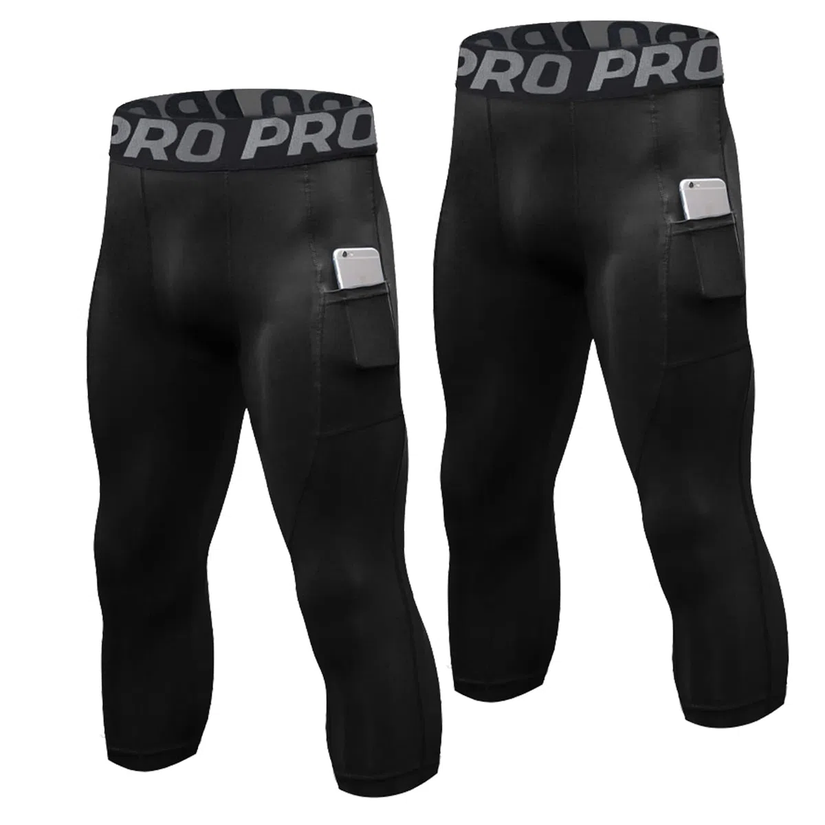 2er-Pack Kompressionshose Herren 3/4 Sport Legging Schnelltrocknende Lauftights mit Taschen Atmungsaktiv Kompression Hose für Fitness Gym Joggen Training Basketball