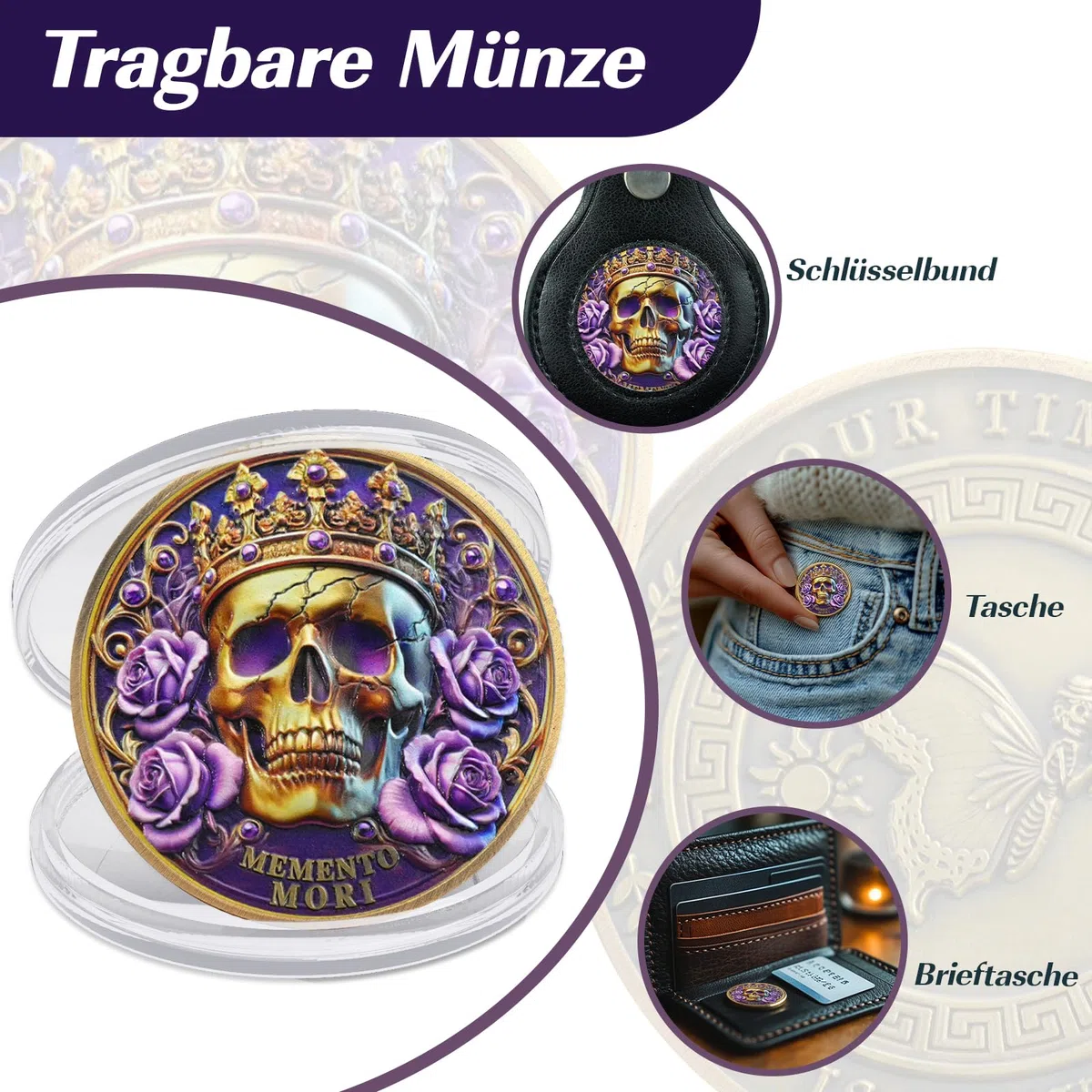 Memento Mori Gedenkmünze – Totenschädel, Schmetterling & Sanduhr Design – "Tempus Fugit" – Philosophie-Münze über Leben, Zeit und Tod