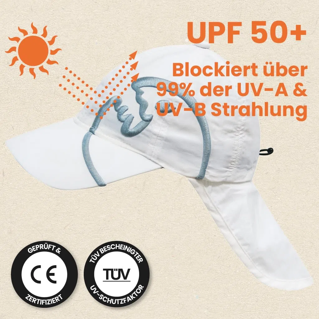 iQ-UV Sonnenhut für Kinder mit UV Schutz 50+ Einheitsgröße – Atmungsaktiver Sonnenhut mit Nackenschutz für Kinder – Bequeme Sommermütze für Jungen & Mädchen – UPF 50+ TÜV geprüft