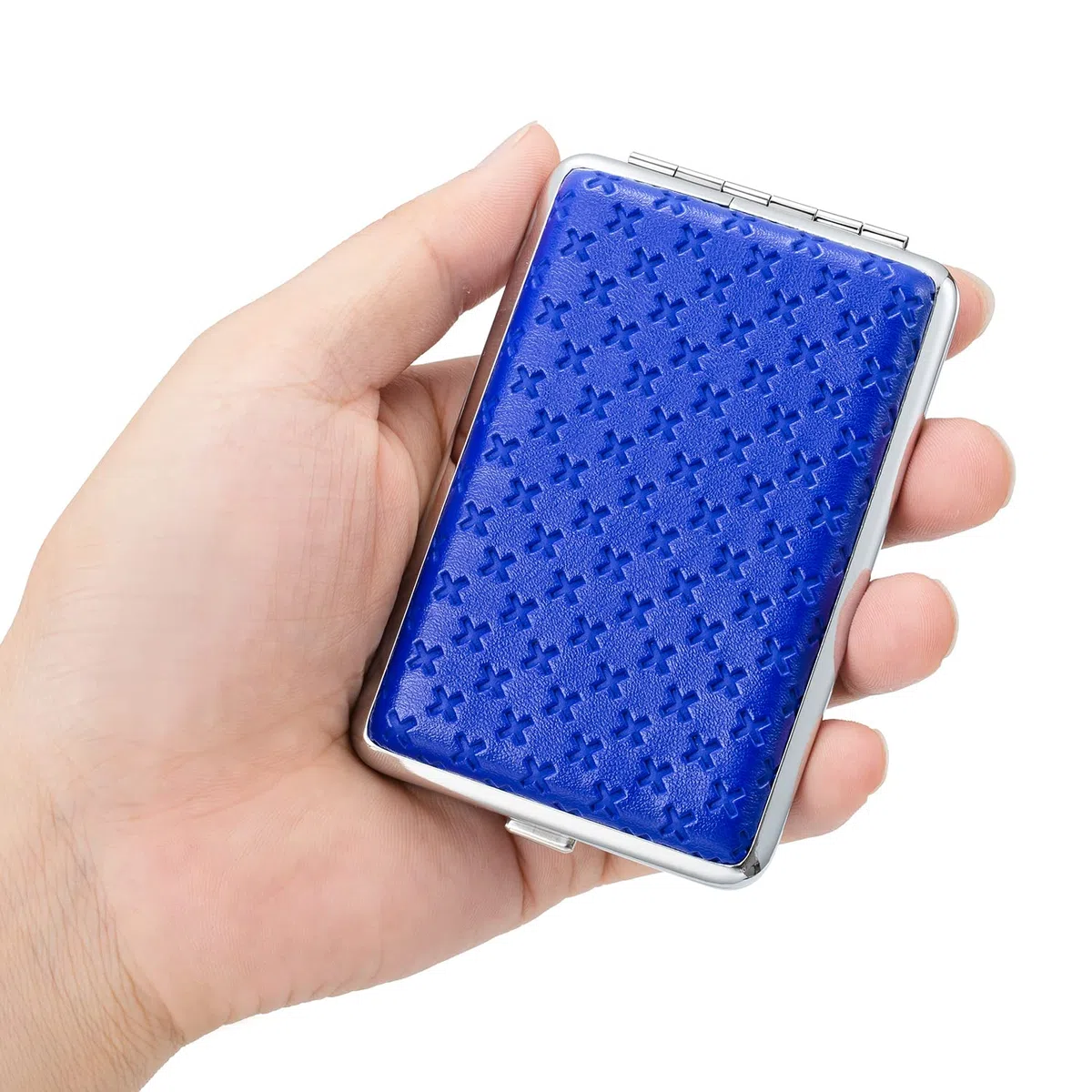 Herren Zigarettenetui aus PU-Leder, 4 Farben (Schwarz, Blau) für 14 Zigaretten, aus Metall mit Geschenkbox (Blau)