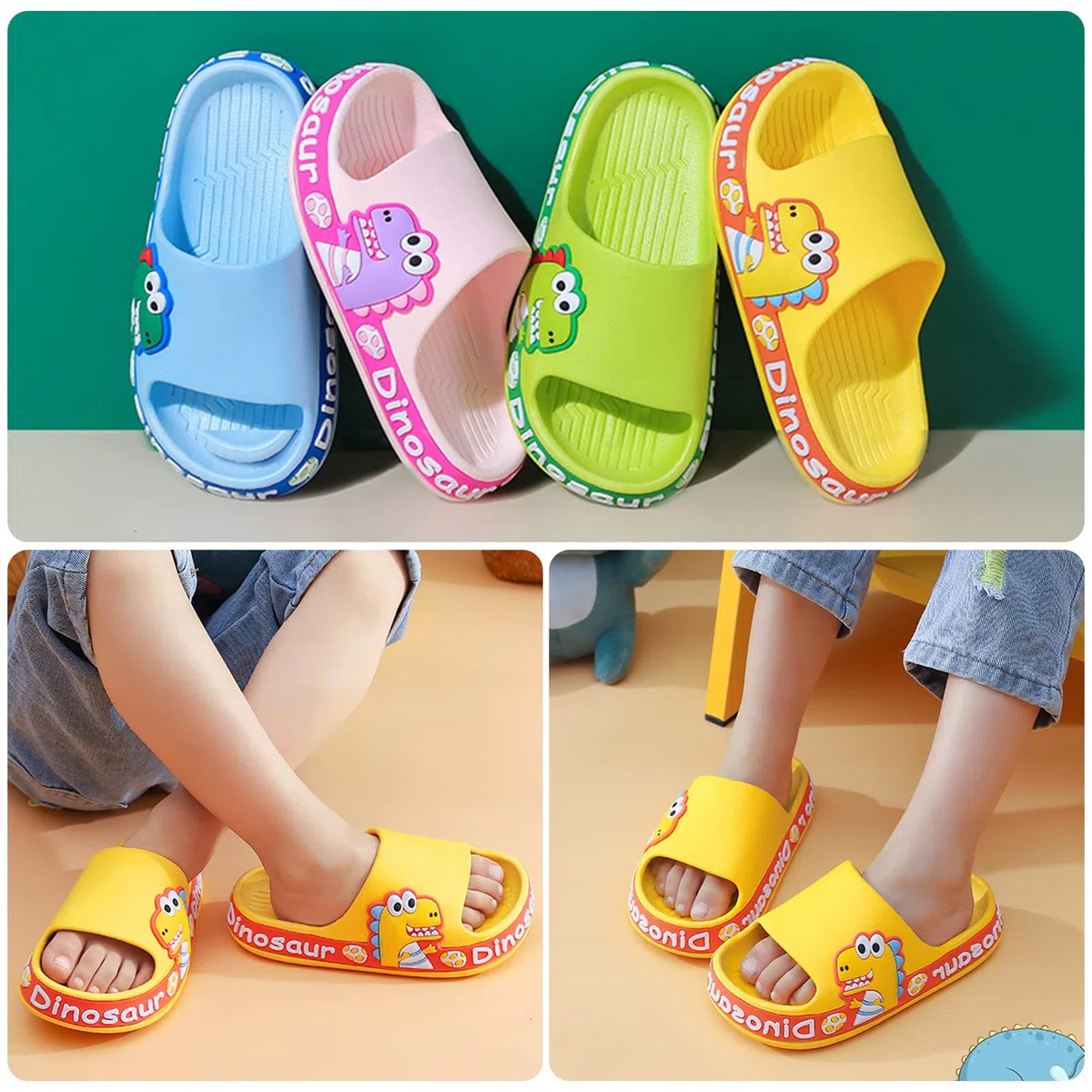 SEAUR Kinder Badeschlappen Rutschfeste Badelatschen Offene Zehen Badeschuhe mit Dinosaurier Muster Sommer Hausschuhe für Badezimmer Pool Schlafzimmer