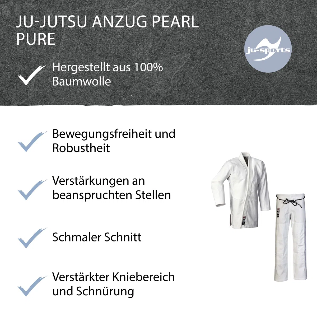 Ju-Sports BJJ Gi Pearl Pure weiß - Schmal geschnittener Brazilian Jiu Jitsu Anzug für Herren, 100% Baumwolle, Stoffgewicht 550 g/qm in Pearl-Webung
