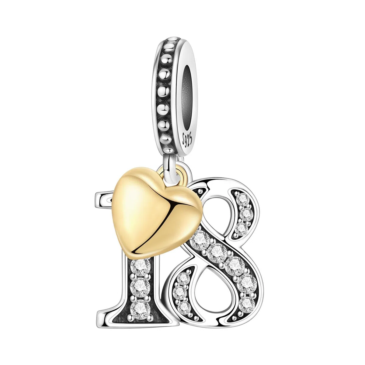 Zahl Charm für Armband & Halskette, Sterling Silber 925 mit Zirkon & 18K vergoldetem Herz, Geschenk für Jubiläum, Geburtstag, Alter (10 13 15 16 18 20 21 25 30 40 50 60)