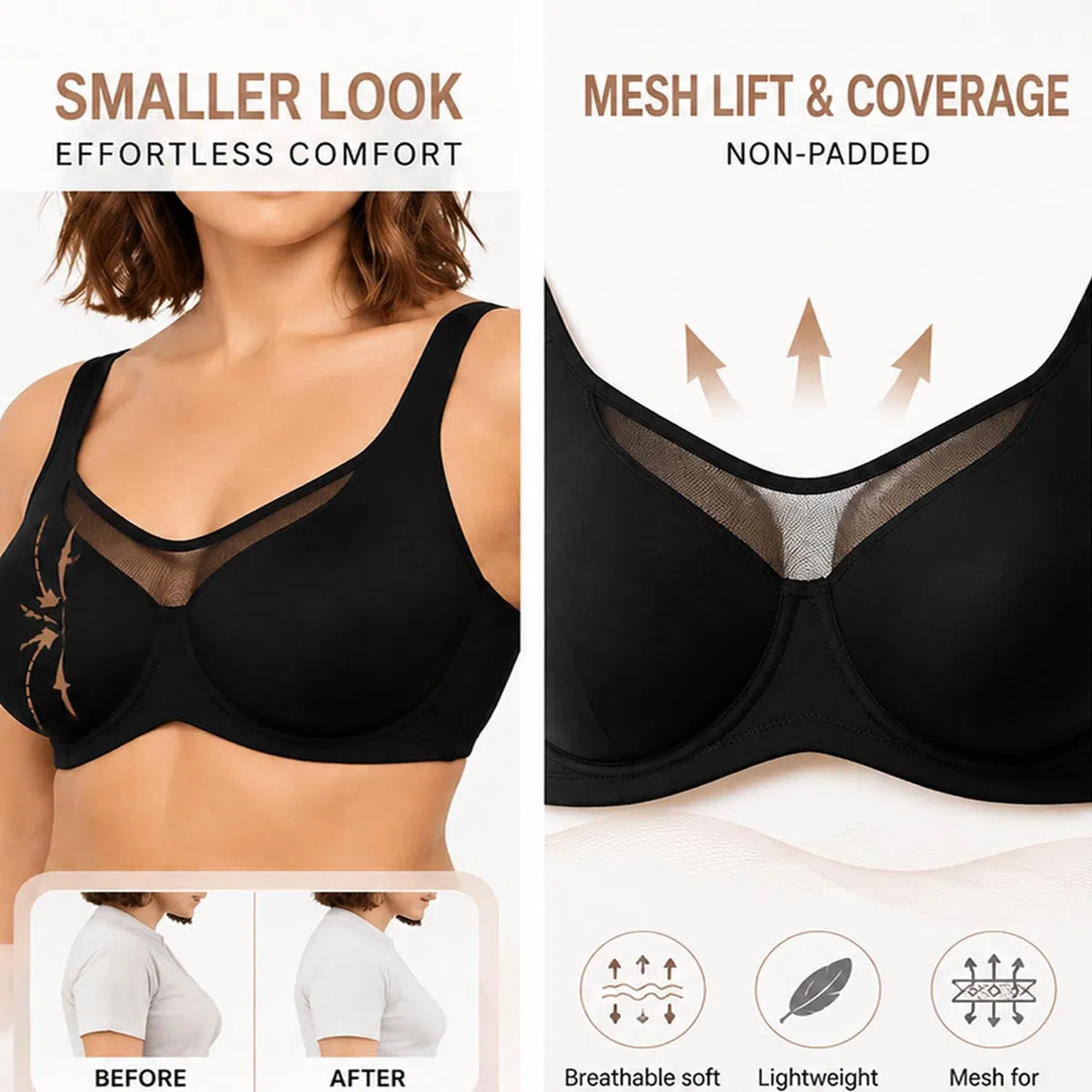 Elegante, halbtransparente Minimizer-BHS mit voller Abdeckung für große Größen – ungefütterter, kühlender Komfort-Minimizer-BH für große Oberweiten