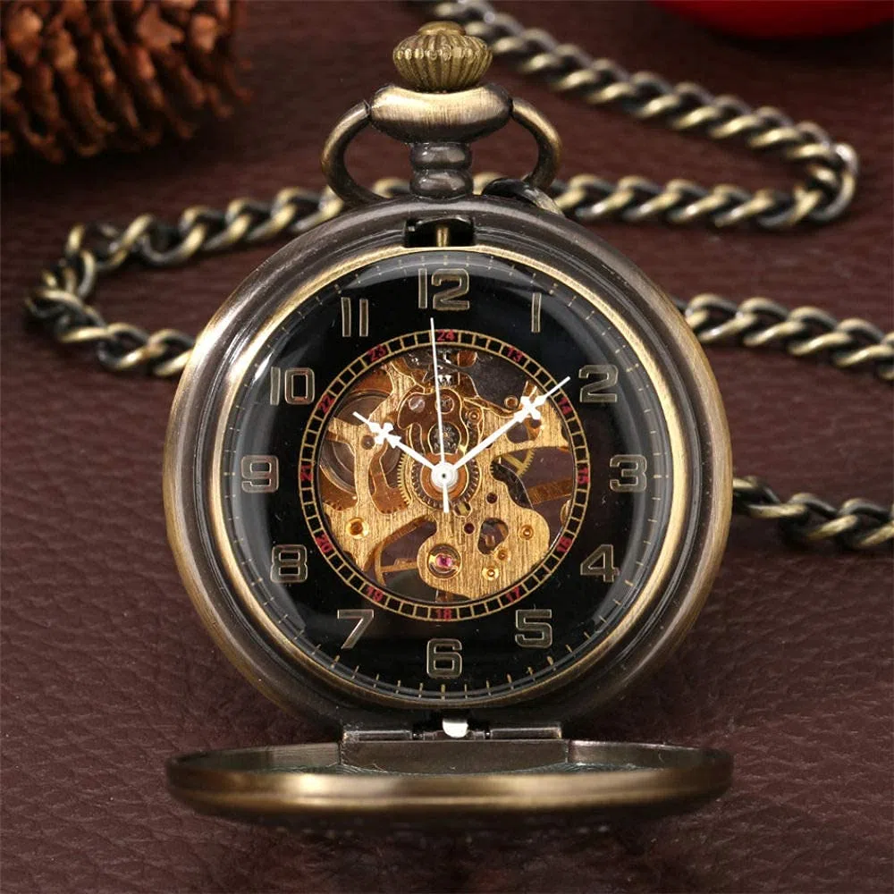 Taschenuhr, bronzefarbene, Hohle, mechanische Taschenuhr mit Handaufzug, antike Taschenuhr, Klassische, antike Taschenuhr mit Anhängerkette