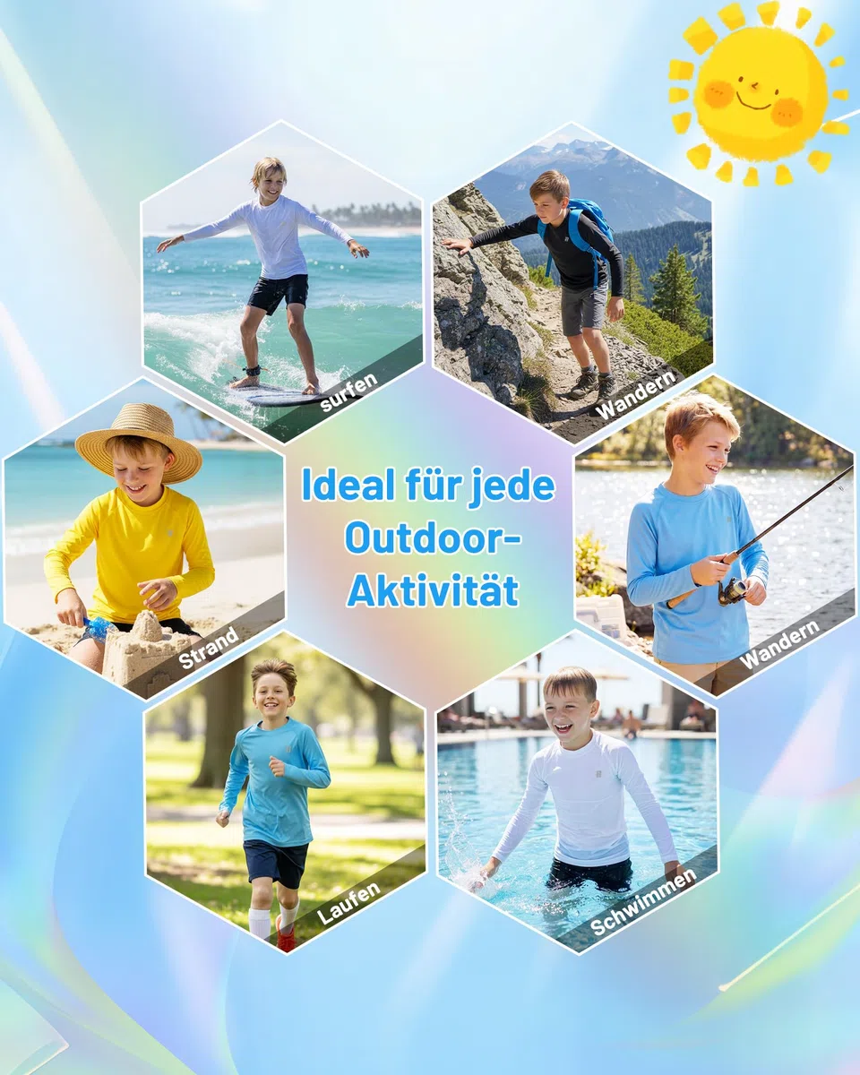 Runhit UPF 50+ UV Shirt Kinder Langarm, Atmungsaktives Badeshirt Schwimmshirt mit Rundhals, Schnelltrocknendes Rashguard Top für Strand Wassersport Outdoor