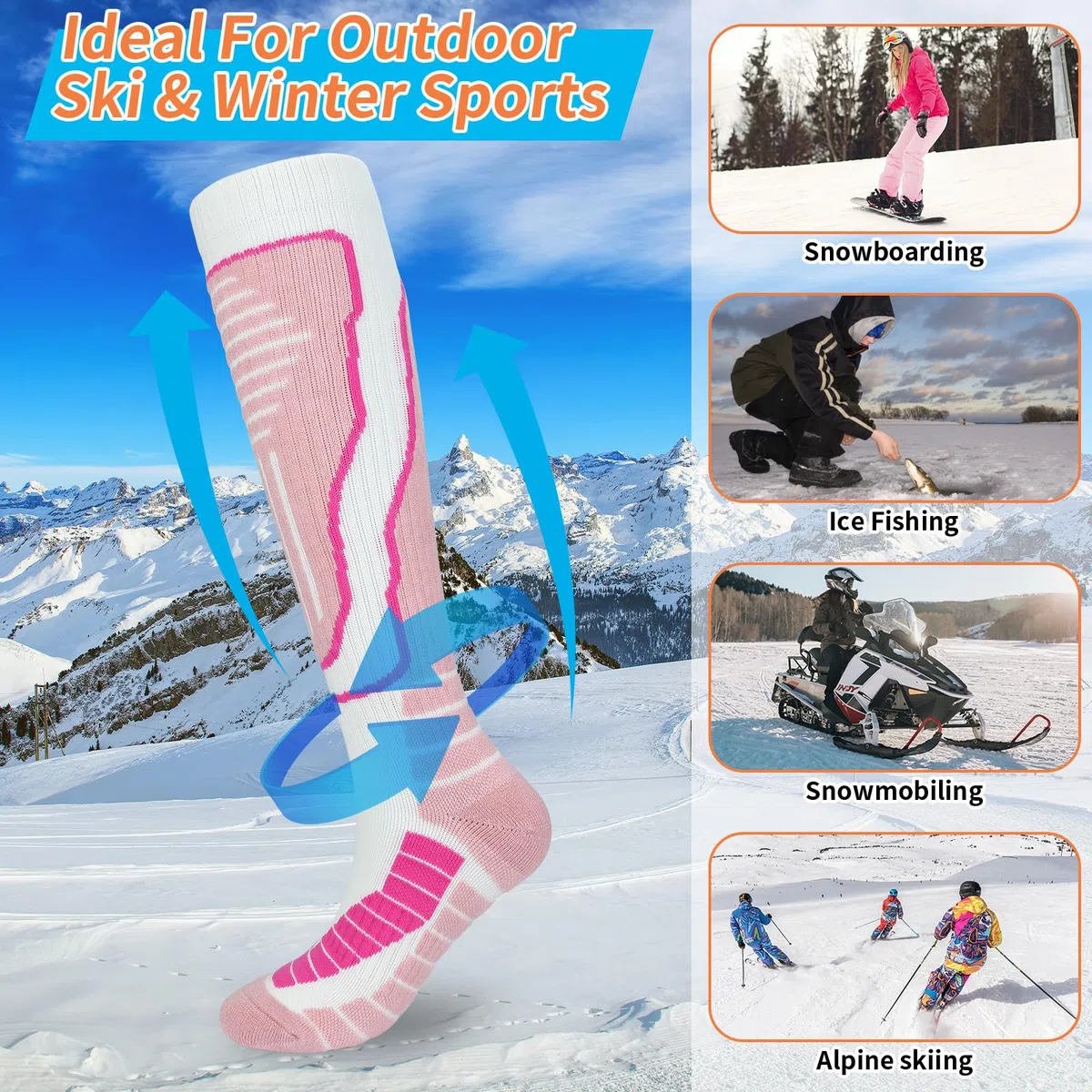 KOOOGEAR 2 Paar Damen Skisocken aus Merinowolle,kniehohe Thermosocken für Damen,dicke,warme Sport-Wollsocken für den Winter zum Snowboarden,Skifahren,Radfahren,Wandern