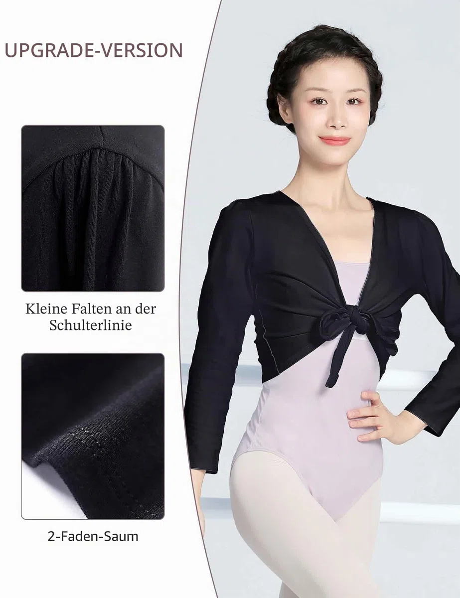 Daydance Black Cotton Teen Girls Ballet Wrap Top Crop Dance Cover up with Thumb Hole