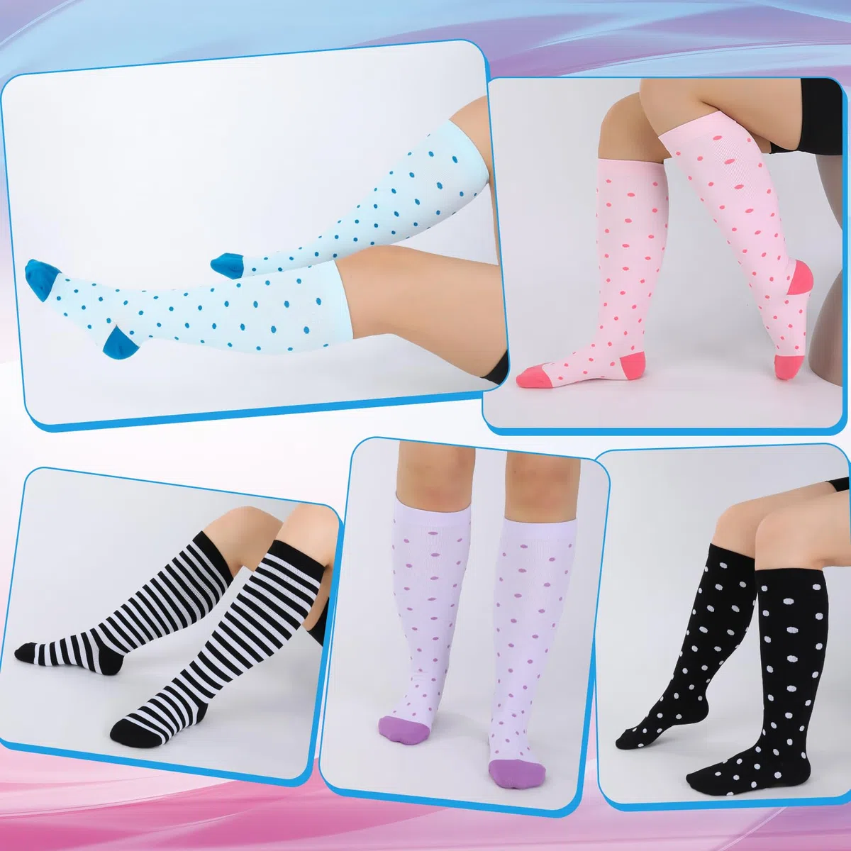 Utensilsto 6 Paare Kompressionsstrümpfe Damen Herren,Bunte Stützkniestrümpfe Kompressionssocken 15.2-23.8mmHg für Laufen, Sport, Flug, Reisen