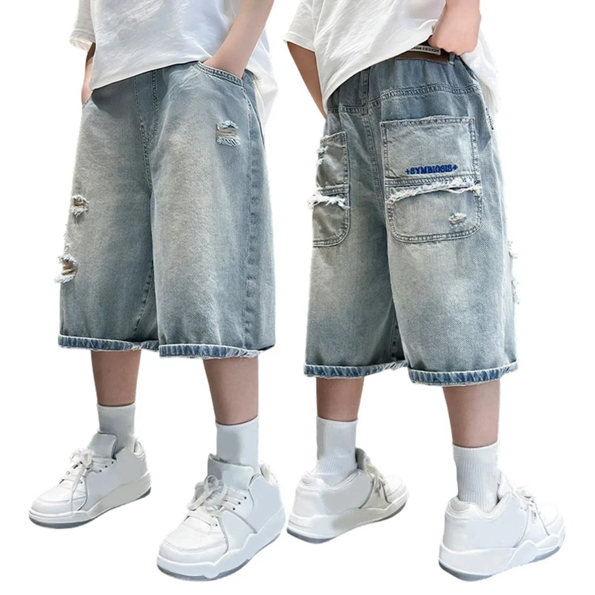 Generisch Baggy Jeans Shorts Jungen Kinder Baggy Kurze Jeanshose mit Elastischem Bund Jeansshorts mit Taschen Vintage Weites Bein Sommer Jeans Kurze Hose Jungs Shorts