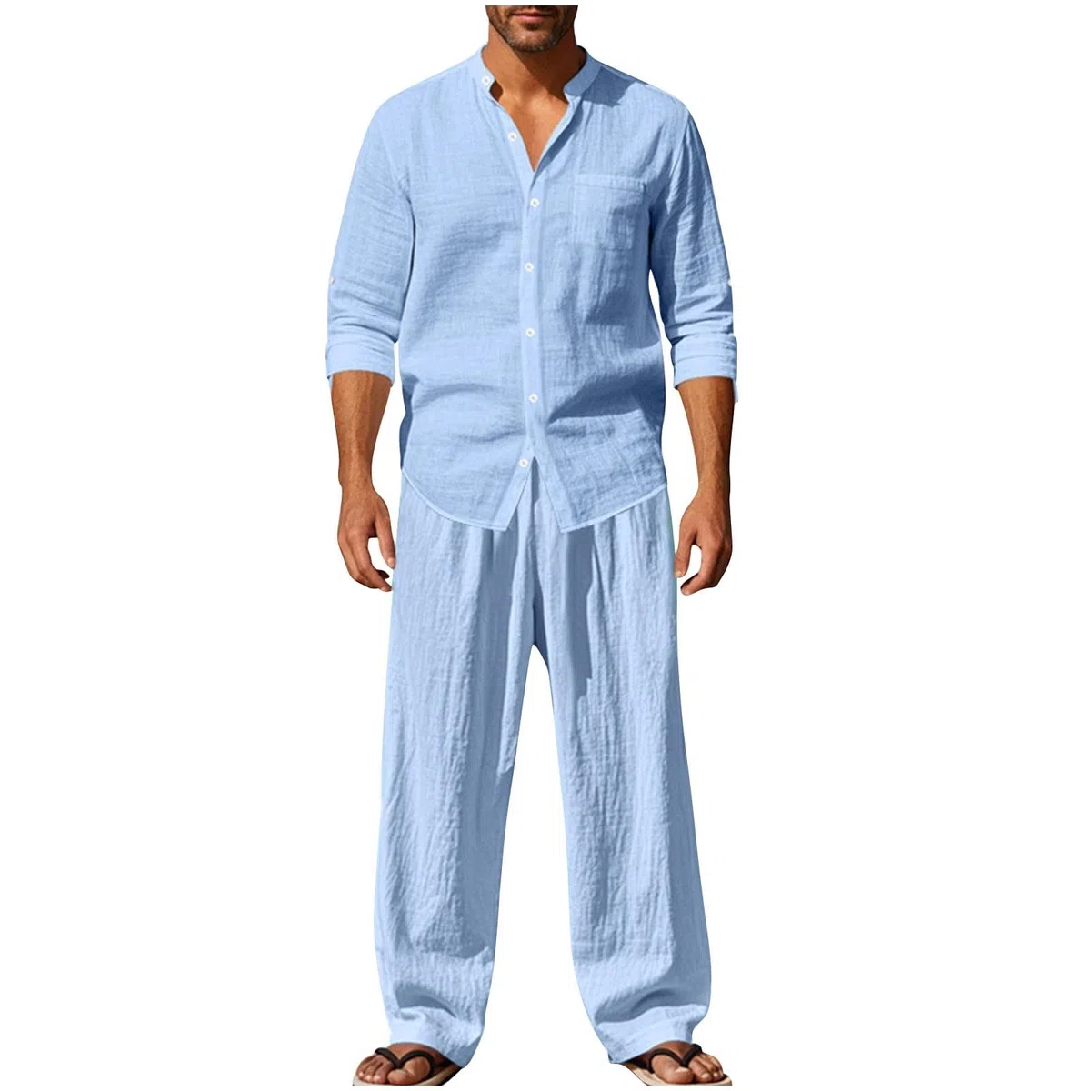 EMATOP Leinen Outfits Herren Sommer Leicht Sportanzug Lässiges Einfarbig Jogginganzug Baumwolle Leinen Tracksuit Casual 2 Teiliges Sommerhemd und Lang Hosen Freizeitanzug Zweiteiler Workout Set