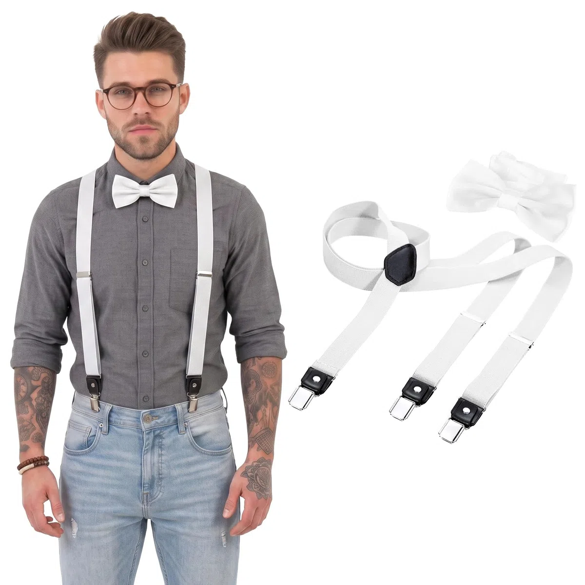 DonDon Hosenträger und Fliege Set für Damen und Herren, Y-Form, 2,5 cm breit, handgefertigt - Elegantes Accessoire für Hochzeit, Party, Smoking