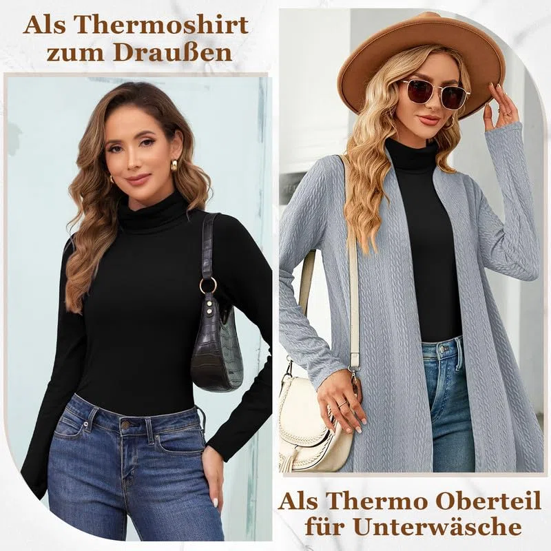 Jiuday Thermo Oberteil Damen Rollkragen Fleece Pullover Thermoshirt Langarm Warme Thermo Unterhemd Gefüttert Langarmshirt Slim Fit Basic Tops Oberbekleidung Drinnen im Winter