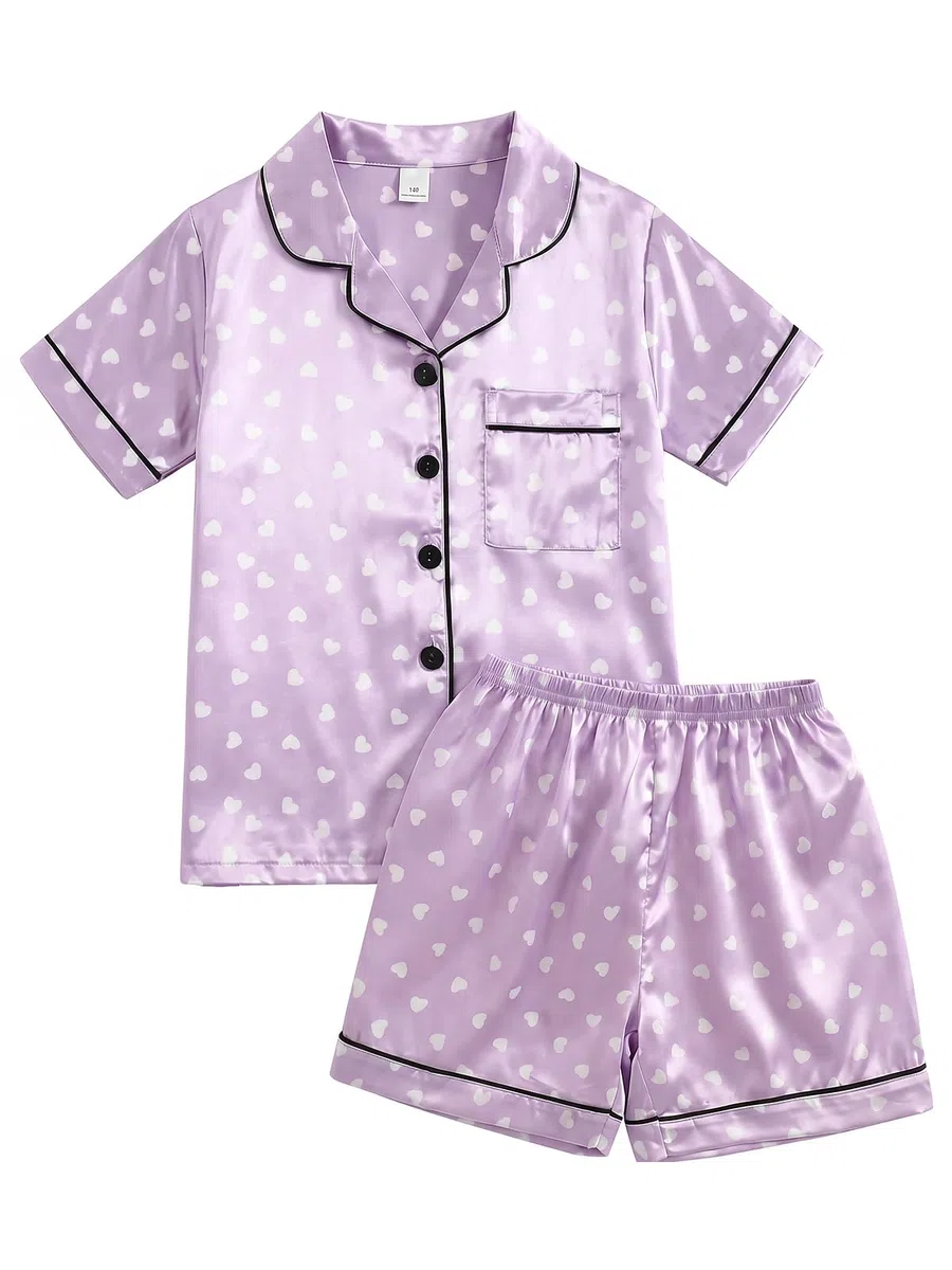 JiAmy Mädchen Satin Pyjama Kurzarm 2 Teilig Kinder Schlafanzug Sommer Nachtwäsche mit Herzmuster Knopfleiste Weiches Schlafanzug Set für 8-12 Jahre
