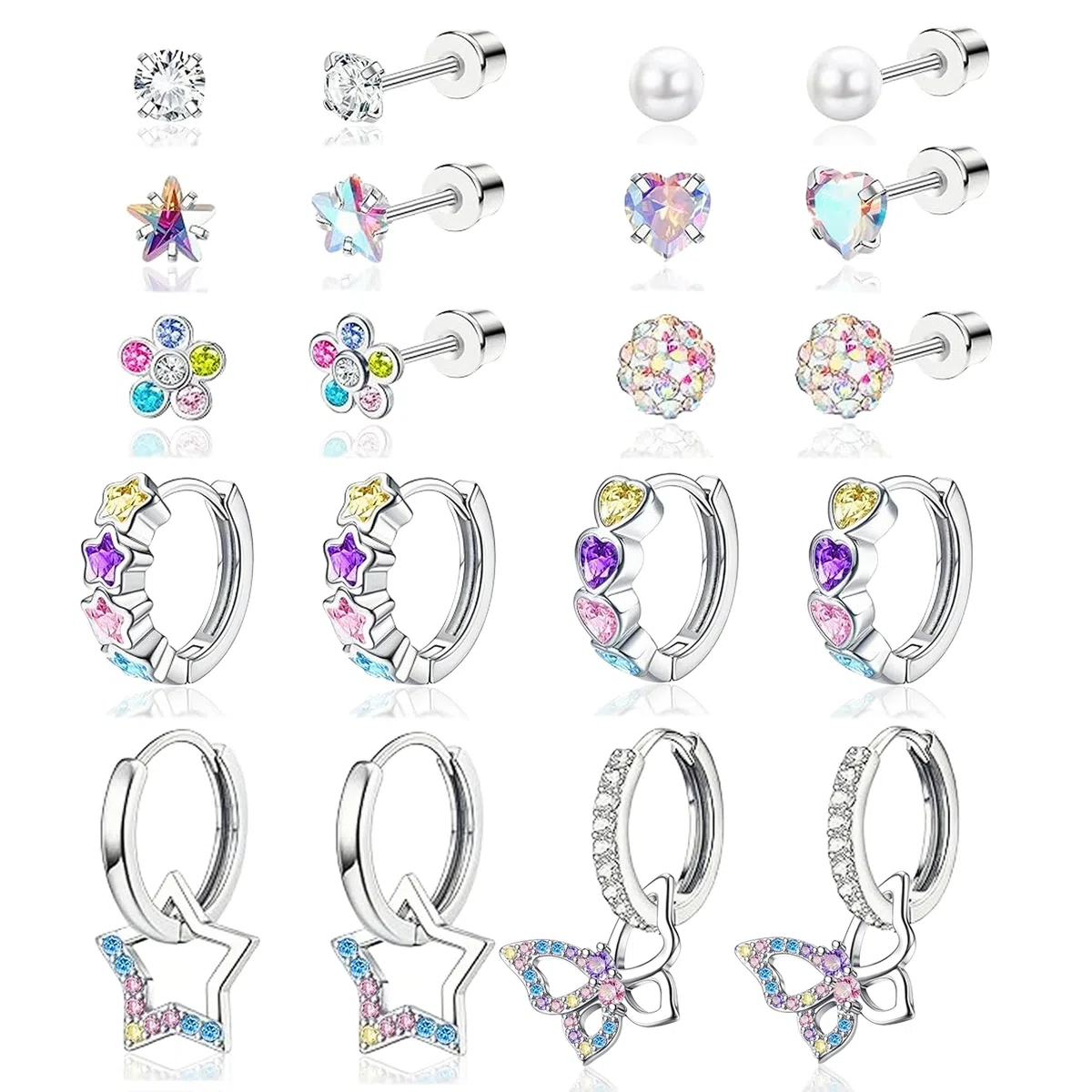 LOFITOR 10 Paar Hypoallergene Ohrringe für Damen Mädchen 316L Chirurgenstahl Medizinische Ohrstecker Creolen Hängende Set Schmetterling Blume Herz Stern Kinder Edelstahl Ohrringe Mädchen Set