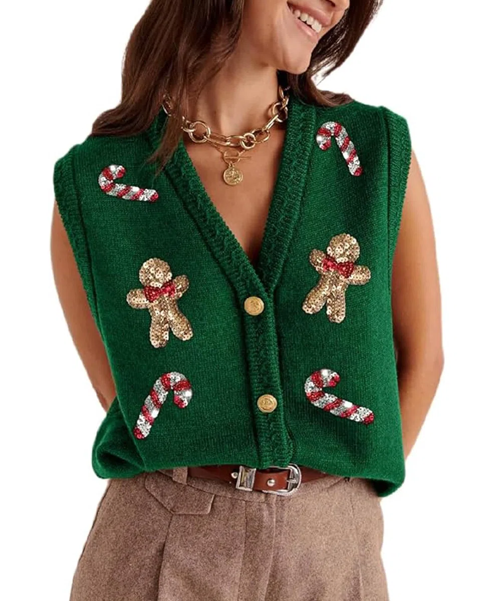 Damen-Weihnachtsweste, hässlicher Weihnachtspullover, Weste, Stickerei, Weihnachtsmann-Druck, ärmellos, Strickjacke, V-Ausschnitt, Weste, Weste, Weste, Weste, Weste, Weste