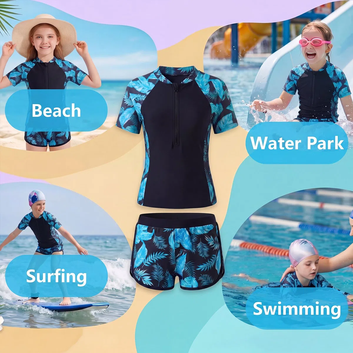 Badeanzug Mädchen Zweiteiliger Rashguard Set Kurzarm Schwimmanzug mit Soft-Pads Badeshirt & Badeshorts UV Sonnenschutz Zip Schwimmshirt Badebekleidung für Kinder 5-14 Jahre