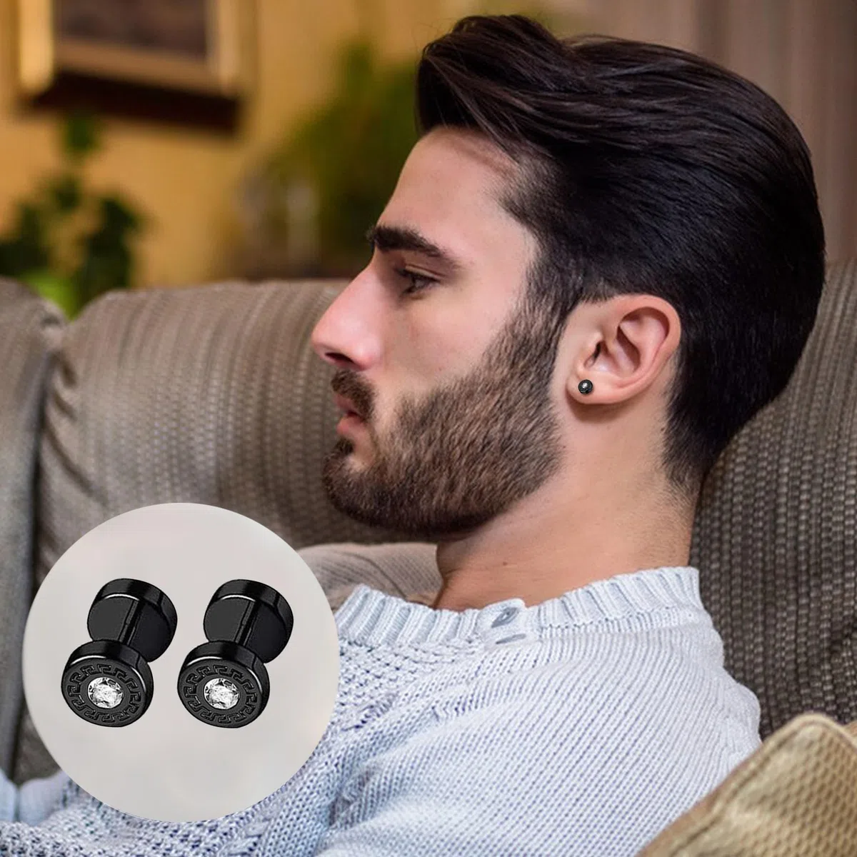 12 Paar Edelstahl Ohrringe Herren, Allergiefreie Creolen Ohrstecker Fake Plugs Schwarz/Silber für Damen Herren