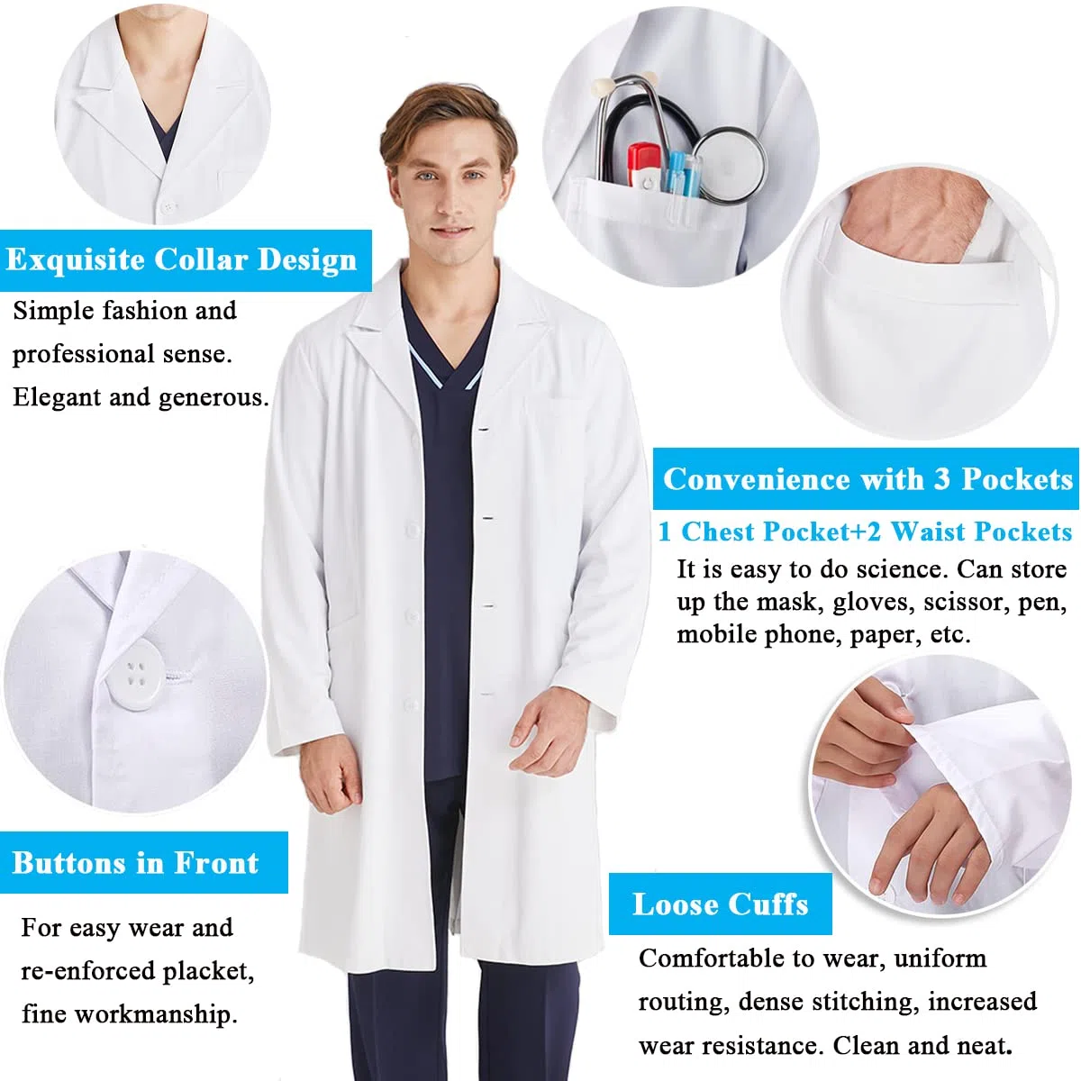 Laborkittel Weiß Kittel Baumwolle Arztkittel Herren Damen Mantel Hygiene Langarm Medizin Mantel mit Knöpfen und 3 Tasche Chemie Kittel Schule Unisex Arztmantel für Labor, Studium, Arbeit