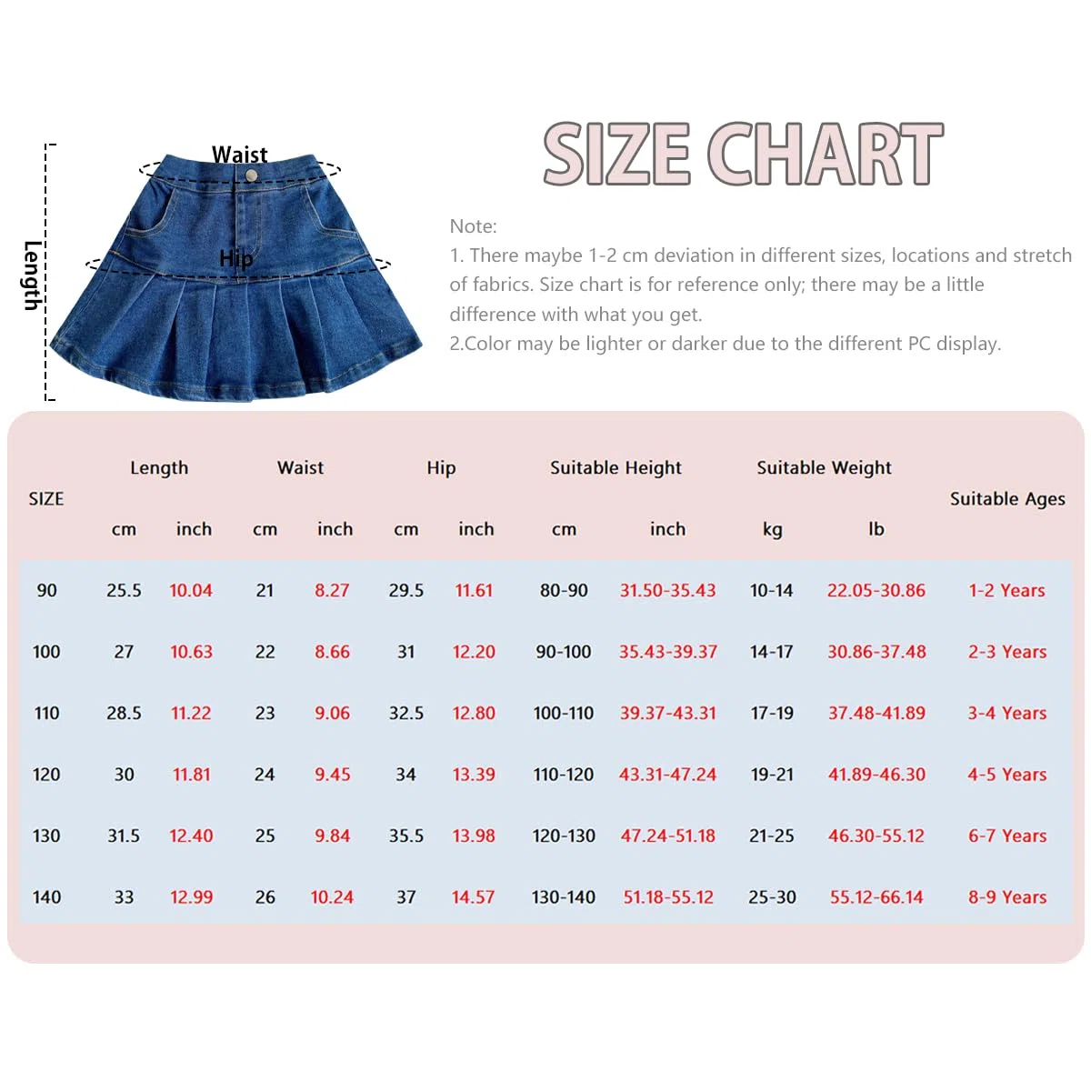 2 in 1 Baby-Mädchen Denim Rock mit Shorts Gr. 80/86/92/98 Mädchen Faltenrock A-Linie Mini Denim Kurzen Rock 104/116/122/128/134 Minirock Jeans Skirt Rock Kurz Hose 1-9 Jahre