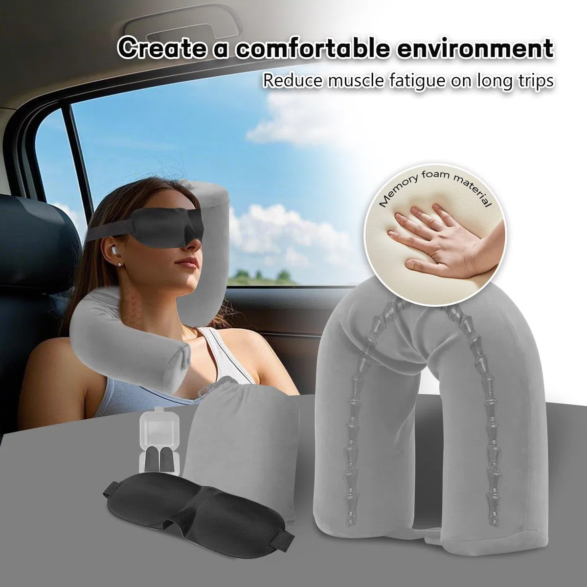 EPROICKS Nackenkissen Flugzeug Verstellbar, Reisekissen Biegsam Auto mit Memory Foam & Flexiblen Stützstäbchen –Formbar für Seitenschläfer, Inkl. Schlafmaske & Ohrstöpsel, Kompakt, Atmungsaktiv（grau）