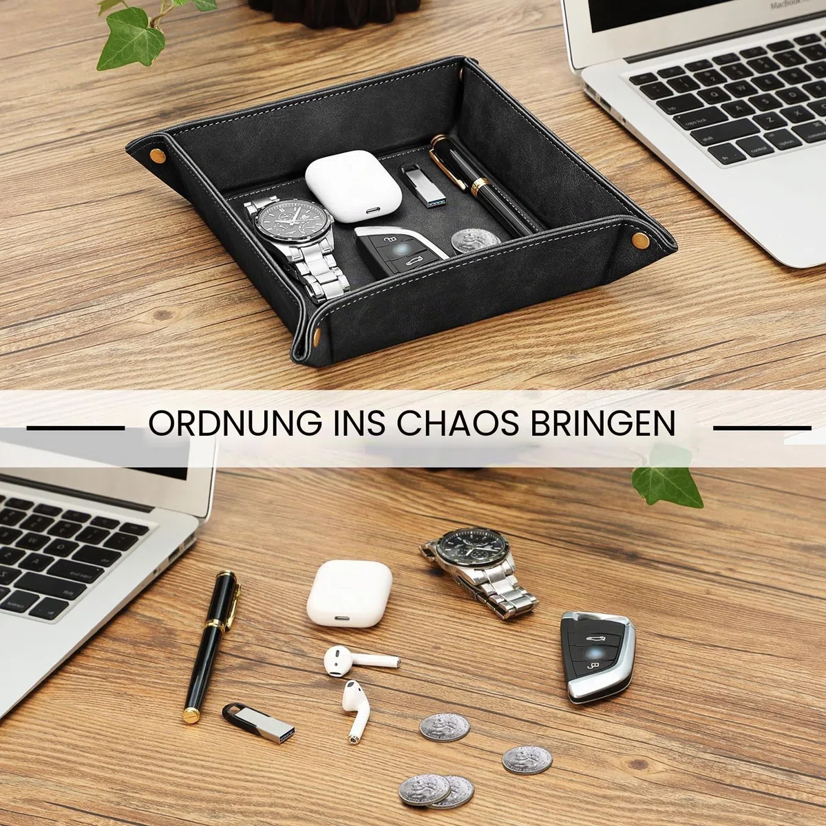SITHON Taschenleerer - Tablett Organizer, Ablage Aufbewahrungsbox, Kunstleder Ablageschale Schlüsselschale für Uhren Handy Schmuck Schlüssel Münzen Geldbörse und Büroausstattung, (Schwarz)