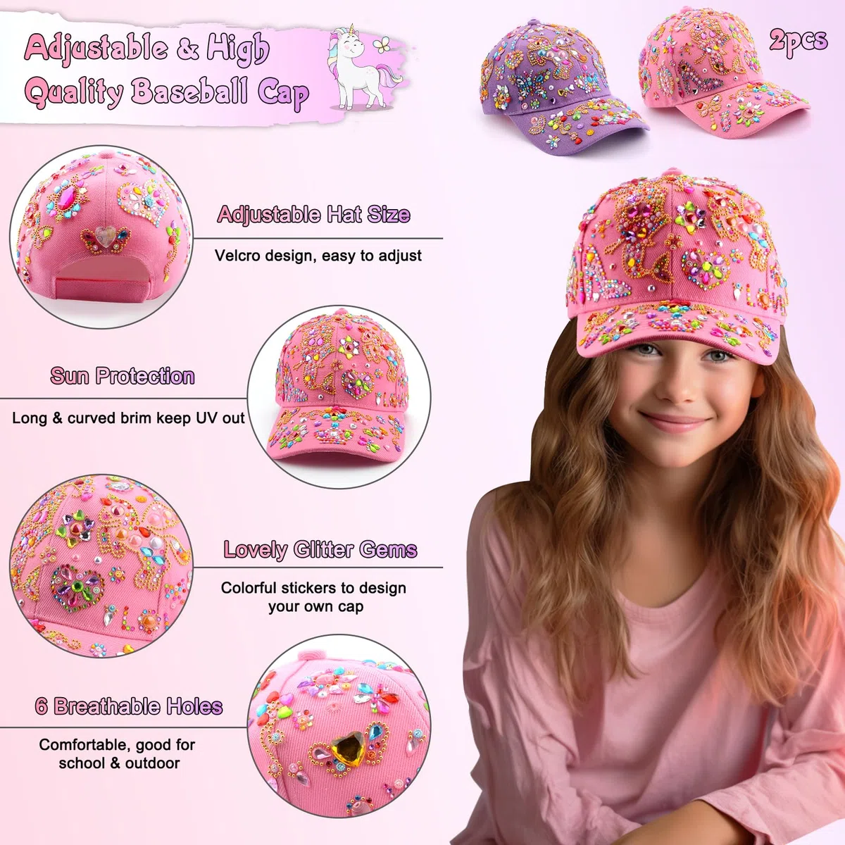 Geschenke für Mädchen DIY Baseballkappe, Kappe Selbst Gestalten mit Diamant Aufklebern, Schulanfang Geburtstag Geschenk Mädchen 4 5 6 7 8 9 10 11 12 Jahre, Baseball Cap Bastelset Hut Kinder Schule