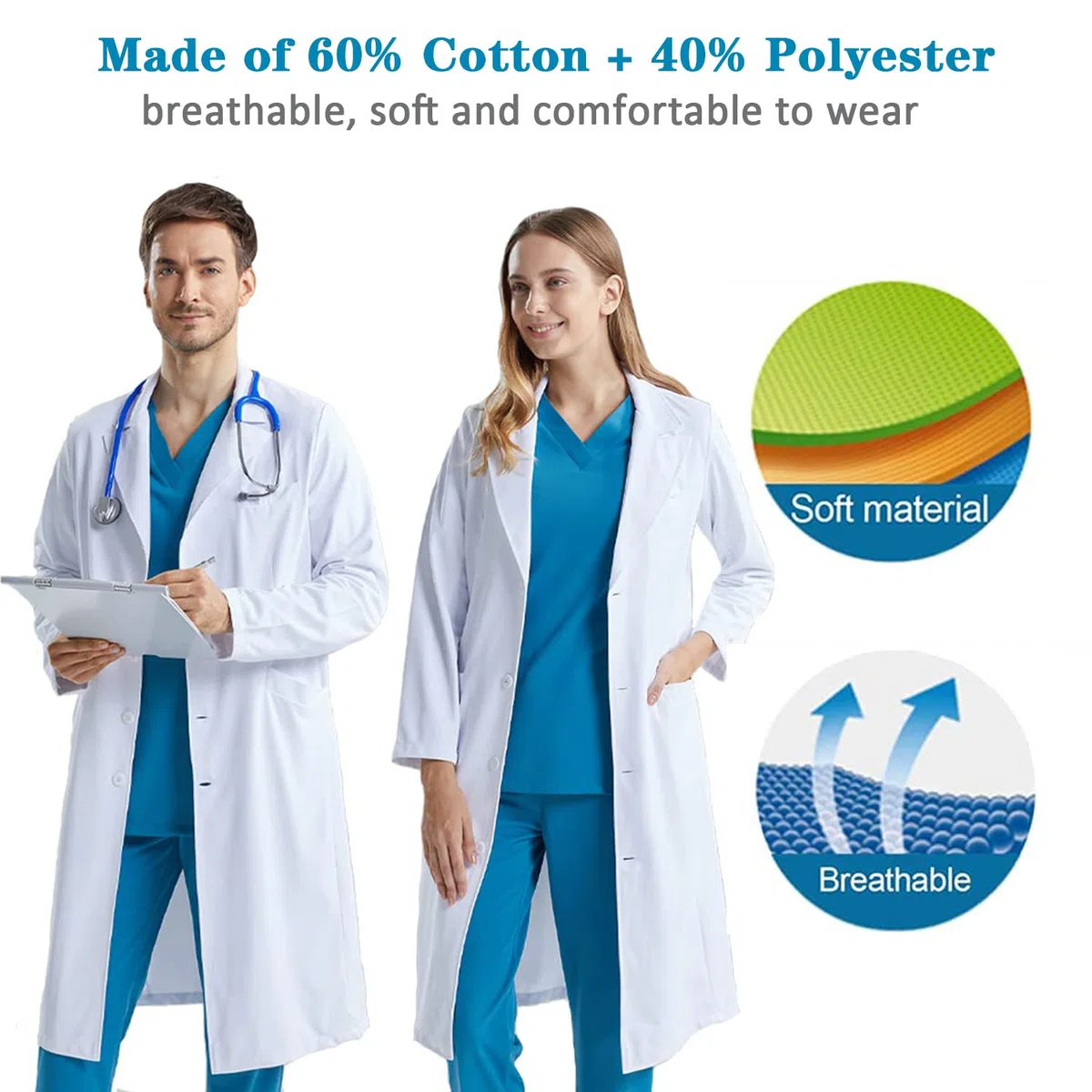 Laborkittel Weiß Kittel Baumwolle Arztkittel Herren Damen Mantel Hygiene Langarm Medizin Mantel mit Knöpfen und 3 Tasche Chemie Kittel Schule Unisex Arztmantel für Labor, Studium, Arbeit