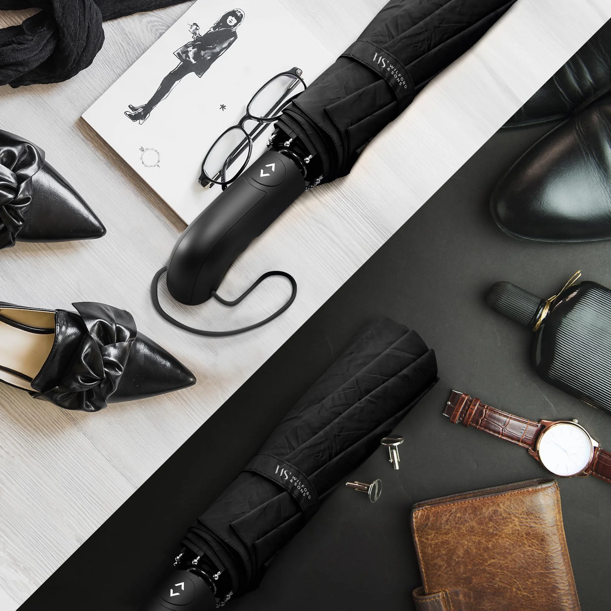 Regenschirm Taschenschirm Sturmfest + Auf-Zu Automatik & Schirm-Tasche, Schwarz | Herren Damen Reiseschirm - Kompakt Stabil, Teflon Wind- & Regen- Dicht | Taschenregenschirm Golfschirm Umbrella